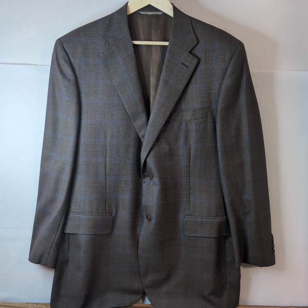Canali 1934 Mens Brown Blue Micro Houndstooth Wool Blazer Sport Coat 56R 46R